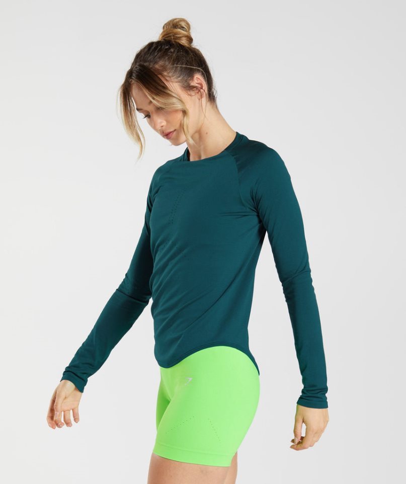 Women's Gymshark Sweat Seamless Long Sleeve Top T-Shirts Turquoise | CA D75860